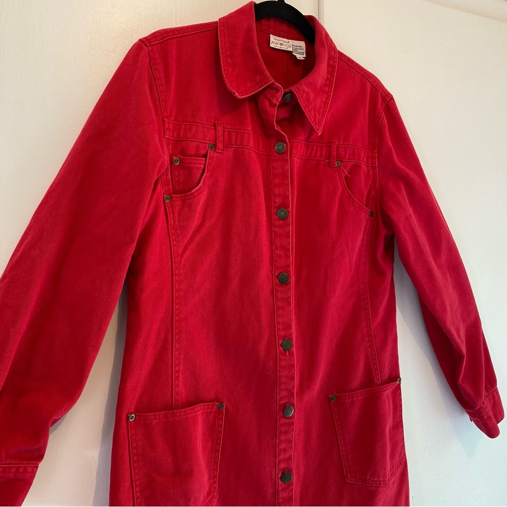 Vtg Newport News Jeanology Long Red Button-Front Denim Coat Dress Patriotic 12 - Picture 2 of 12
